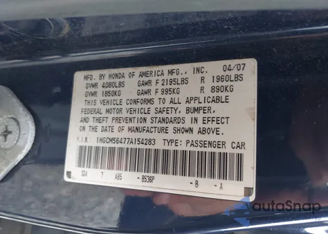2007 Honda Accord 2.4 Lx from USA, damaged, VIN 1HGCM56477A154283